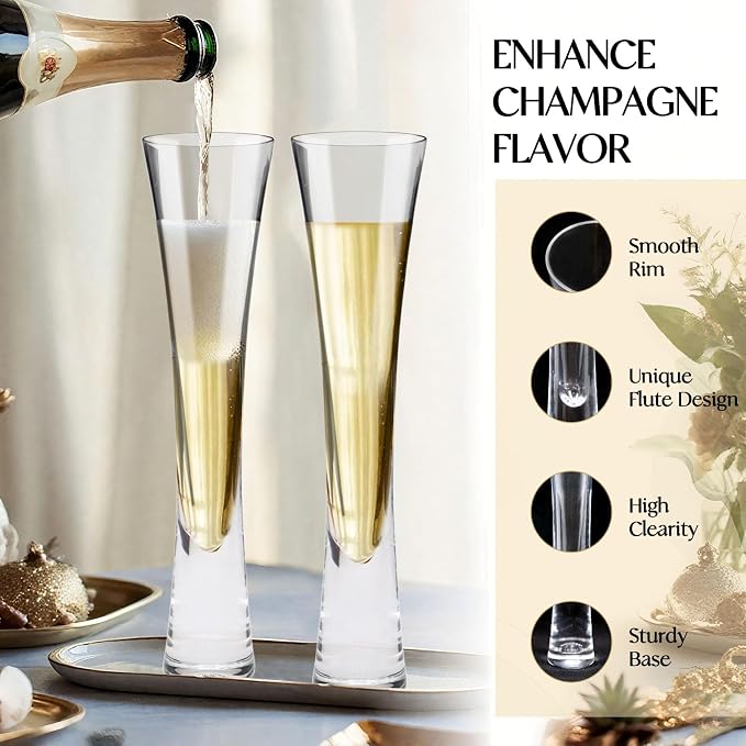 Champagne Flutes Set of 4, Hand Blown Crystal Champagne Glasses, Modern Unique Design, Lead-Free Prosecco Glasses, Elegant Toasting Glasses Gift for Wedding, Anniversary, Birthday, Christmas