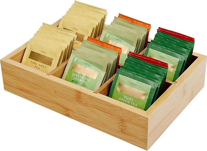Wood Tea Bag Organizer with 6 Slots – Tea Bag Holder and Tea Organizer, Sugar Packet Storage for Countertops，Small Tea Packet Storage Box for Drawer, Removable Dividers,10 x 6.5 x 2.2inch