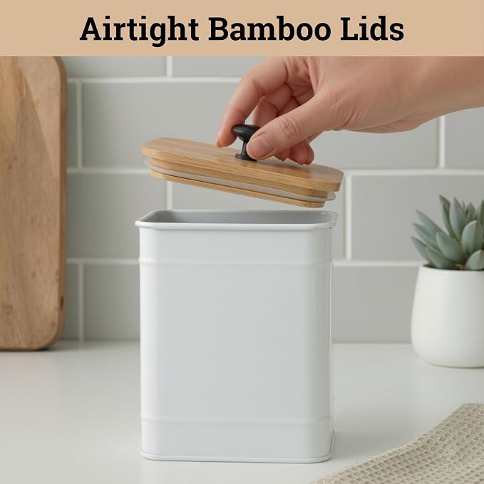 Kitchen Canisters for Countertop Set of 4 with Customizable Chalkboard Labels & Marker Pen - Big Iron Kitchen Canisters with Airtight Lids - Canisters Sets for the Kitchen - White Kitchen Canister Set | Airtight Easy Open Bamboo Lids, Dent-Resistant Th...