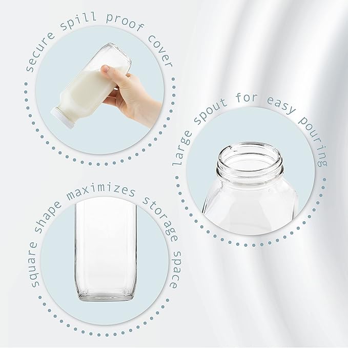kitchentoolz 16oz Square Glass Milk Bottle with Lid - Glass Jars with Airtight Lid used for Milk Container, Yogurt, Smoothies, Juice, Kefir, & Water -2 Pack 16 oz Glass Bottles with Lids