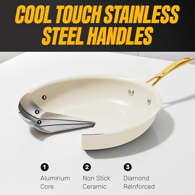 GOTHAM STEEL 15 Pc Ceramic Cookware Set Nonstick – Pots and Pans Set with Cooking Utensils & Steamer, Non Toxic PFOA/PFOS Free, Stay-Cool Handles, Oven & Dishwasher Safe, Cream White