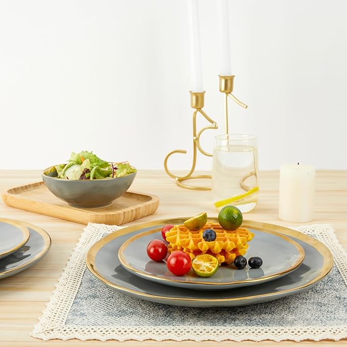Pokini Porcelain Luxury Dinnerware Sets, Modern Plates and Bowls Sets for 4, Highly Chip and Crack Resistant, Grey and Gold Rim China Dishes Set for Wedding Anniversary