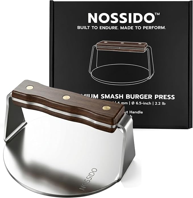 Heavy-Duty Smash Burger Press, 304 Stainless Steel, 6.5 Inch Diameter, 4mm Thick - Round Smasher for Flat Top Griddle & Cast Iron, Natural Walnut Handle, Satin Finish - Griddle Accessories