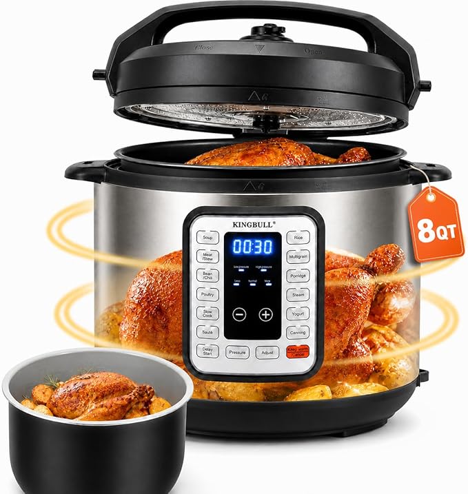 KINGBULL 8QT Electric Pressure Cooker, 12-in-1 Stainless Steel Multi Cooker with Nonstick Inner Pot, Slow Cooker, Rice Cooker, Steamer, Sauté, Yogurt Maker, Warmer, Delay Start