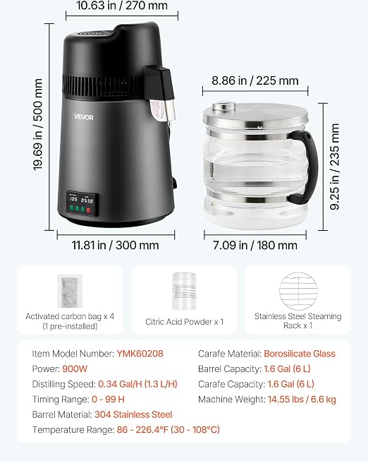 VEVOR Water Distiller, 6L/1.6 Gallon Larger Pure Water Purifier Filter for Home Table Countertop, 900W Glass Pot Distilled Maker, Stainless Steel Interior Drinking Machine to Make Clean Water