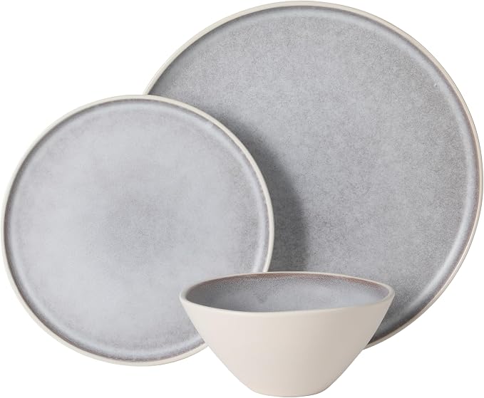 Gibson Elite Coastal Forest Plates and Bowls Sets, 12-Piece Stoneware Dinnerware Sets, Triple Reactive Glaze Dish Set - Light Grey and Cream White