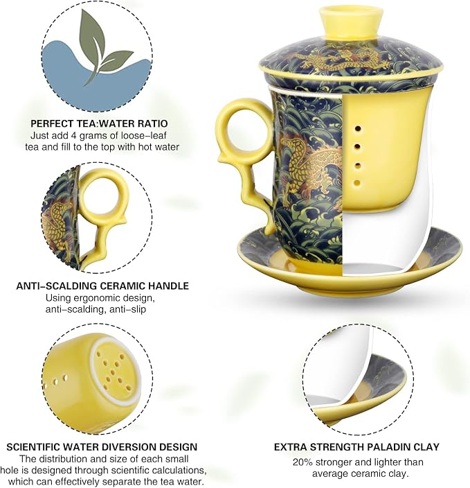 Chinese Dragon Pattern Tea-Mug with Strainer Infuser and Lid and Saucer Ceramic Tea Mug Convenient System Chinese Porcelain Personal Tea Cup 13.5oz(400ml) - DARK GREEN TC400