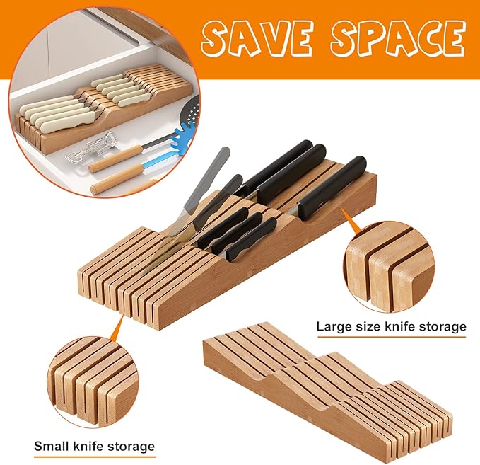 In-Drawer Knife Block Organizer - Bamboo Wood Drawer Knife Organizer-Protecting Knife Organizer Block (Not Included) (Natural, 11 Knives Dock)