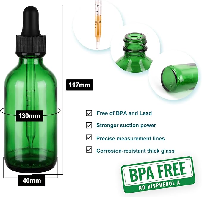 NOOEEISS 2oz Glass Dropper Bottle,Preety Texture Tincture Bottles with Precise Scales Eye Droppe,for All Kinds Of Mixed Liquids,Leak-Proof Design for Easy Travel (Green-48Pack)