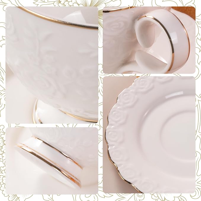 KAMMAK Tea Cups and Saucers Set of 2, 6.7oz Porcelain Coffee Cups with Saucers, Ceramic Espresso Mugs for Coffee, Latte, Americano, Tea, Elegant Teacup and Saucer (YFH14)