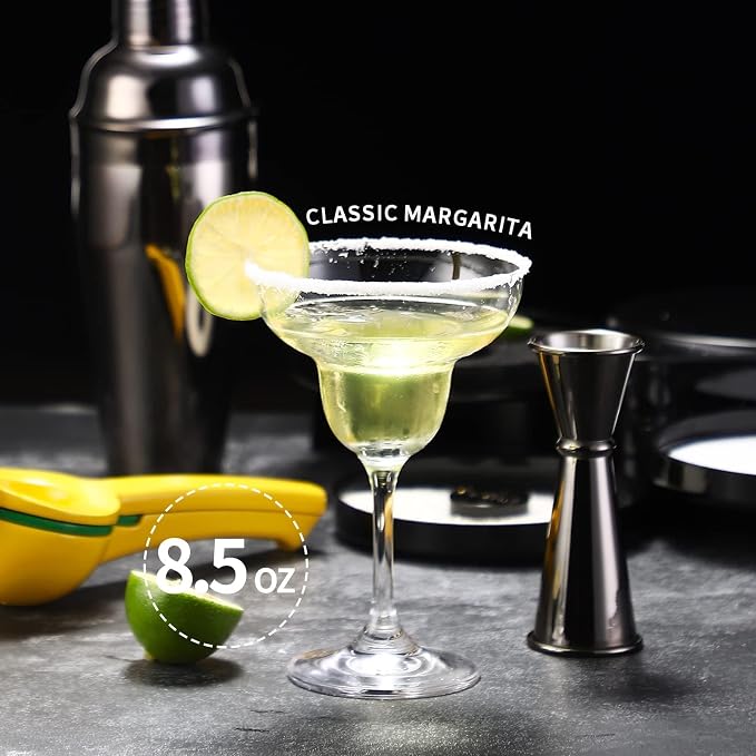 Margarita Kit - Set of 2 Margarita Glasses (8.5oz), 3-Tier Salt Rimmer, Stainless Cocktail Shaker & Jigger, Coasters，Cocktails Cards，Citrus Squeezer and More - Margarita Kit Gift Set