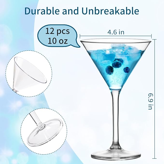 ZOMUIA Plastic Martini Glasses, 10 oz Martini Glasses Set of 12, Reusable Plastic Cocktail Glasses, Unbreakable Cocktail Glasses for Bar, Margarita, Whiskey, Tequila, Party, Poolside, Outdoors