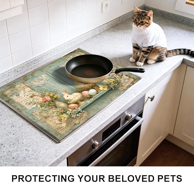 Stove Top Cover for Electric Stove 28.4 x 20.5 Inch Non Slip Stove Mat Oil Proof Bunny Window Glass Cooktop Protector Kitchen Counter Mat