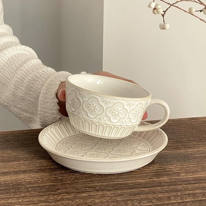 LOWYEPAULHO Cappuccino Cups with Saucers, 5''Ceramic Coffee Cup and Saucer set for Au Lait, Double shot, Latte, Cafe Mocha,Set of 4