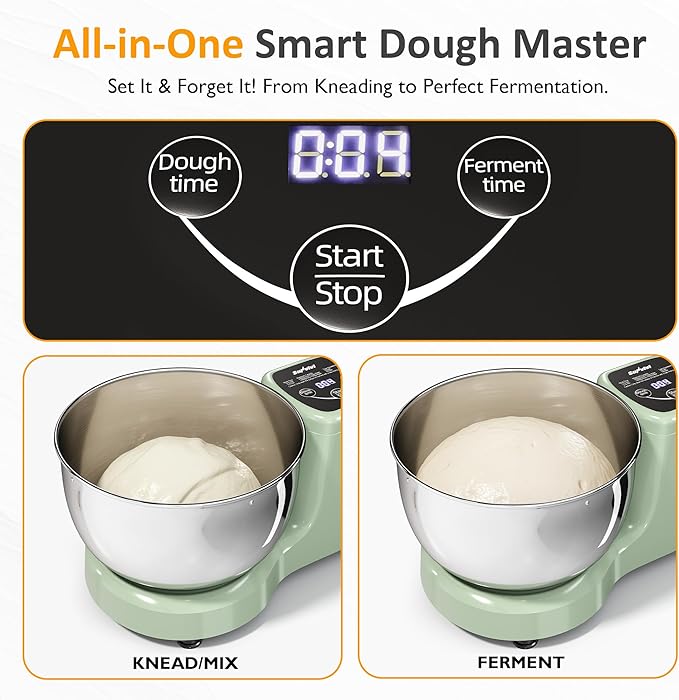 Sunvivi Electric Dough Maker with Ferment Function, 5.3QT Dough Mixer with Adjust Time, Household Stand Mixer Kitchen Flour Kneading Machine, LED Touch Panel, 304 Stainless Steel Bowl, Green