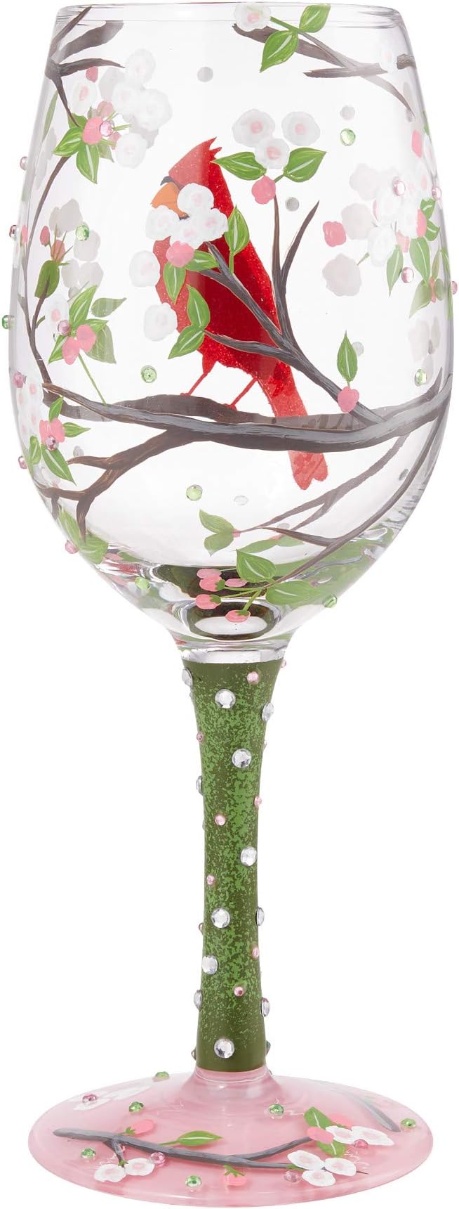 Enesco Designs by Lolita Cardinal Bird with Cherry Blossoms Beauty Artisan Hand-Painted Wine Glass, 15 Ounce, Multicolor