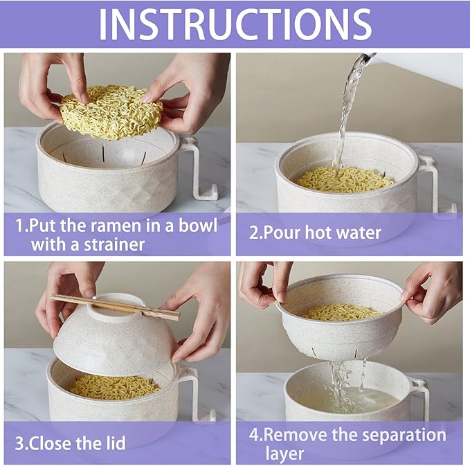 2 Sets Microwave Ramen Cooker Bowl Set with Spoon Chopsticks Fork Wheat Fiber Instant Noodle Bowl with Handles Ramen Kit for College Dorm Room Apartment Essentials