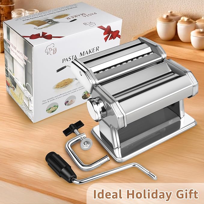 Pasta Maker - 7 Thickness Settings Pasta Roller & 2-in-1 Cutter, Stainless Steel Pasta Machine for Spaghetti, Fettuccine, Ravioli, Lasagna - Includes Hand Crank & Table Clamp