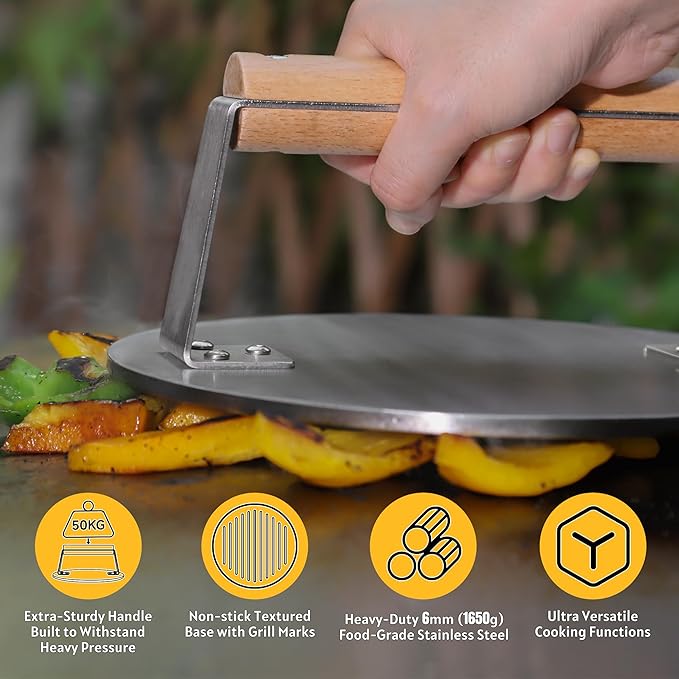 Professional-Grade 8.5-Inch Extra-Large Burger Press – Heavy Duty Stainless Steel Wooden Handle 3.65 lbs Easy to Clean for Hamburger Patties Bacon & Sandwiches Premium Grilling Tool