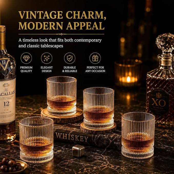 Vintage Whiskey Glasses Set of 2, 12 oz Crystal, Luxury Gift Box | Old fashioned, ribbed design, gift-ready box, birthday, Father's Day, Christmas, gifts for men, home barware