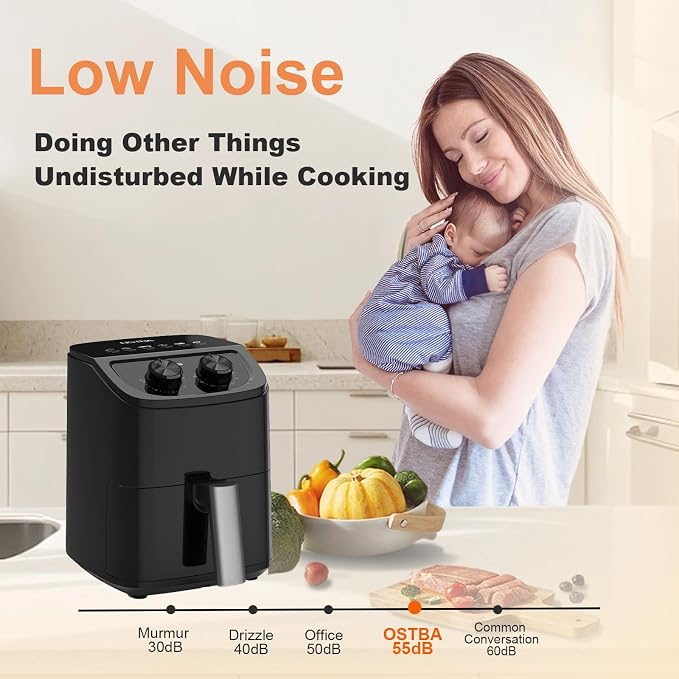 OSTBA 2.5QT Small Air Fryer for 1–2 People, Compact Mini Air Fryer with Dual Knob Temperature & Timer Controls, 6 Cooking Guides, Space-Saving Design, Nonstick Dishwasher-Safe Basket