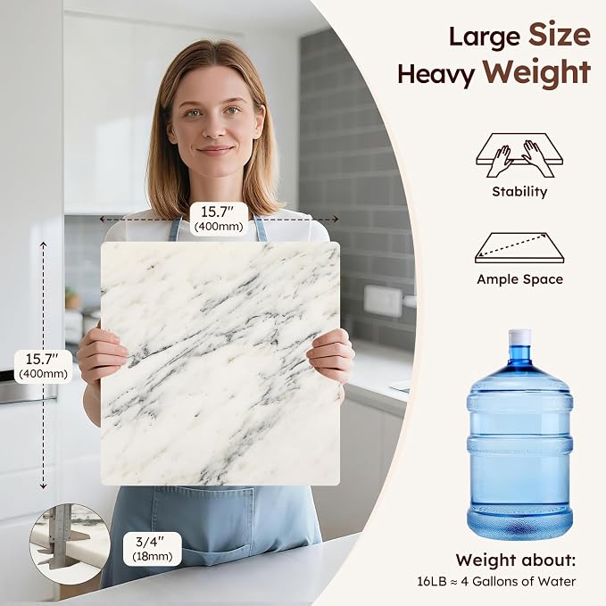 Diflart Marble Cutting Board for Kitchen Ink White 16x16 Inch Non-Slip Feet | Natural Stone Slab Pastry Board for Baking, Cheese, Service, Charcuterie, Dough, Chocolate, Pack of 1 Piece
