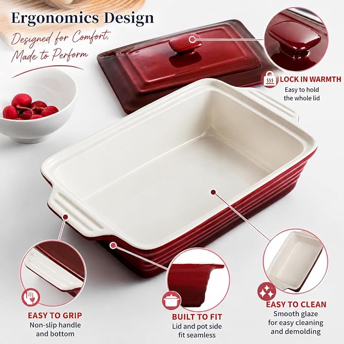 LOVECASA 4.5 Quart Ceramic Casserole Dish with Lid – Oven, Microwave & Dishwasher Safe Bakeware for Family Meals, Lasagna, Roasting, Rectangular Stoneware 9x13 Baking Pan, Gradient Red