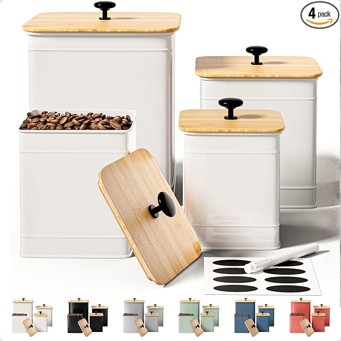 Kitchen Canisters for Countertop Set of 4 with Customizable Chalkboard Labels & Marker Pen - Big Iron Kitchen Canisters with Airtight Lids - Canisters Sets for the Kitchen - White Kitchen Canister Set | Airtight Easy Open Bamboo Lids, Dent-Resistant Th...