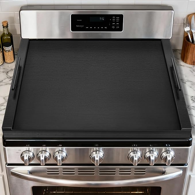 Noodle Board Stove Cover with Handles, Wood Stove Top Covers for Electric/Gas Stoves, Counter Space Top Cover Crafted from Solid Pine Wood,Also Used As Sink Covers & Decorative Tray (Black)