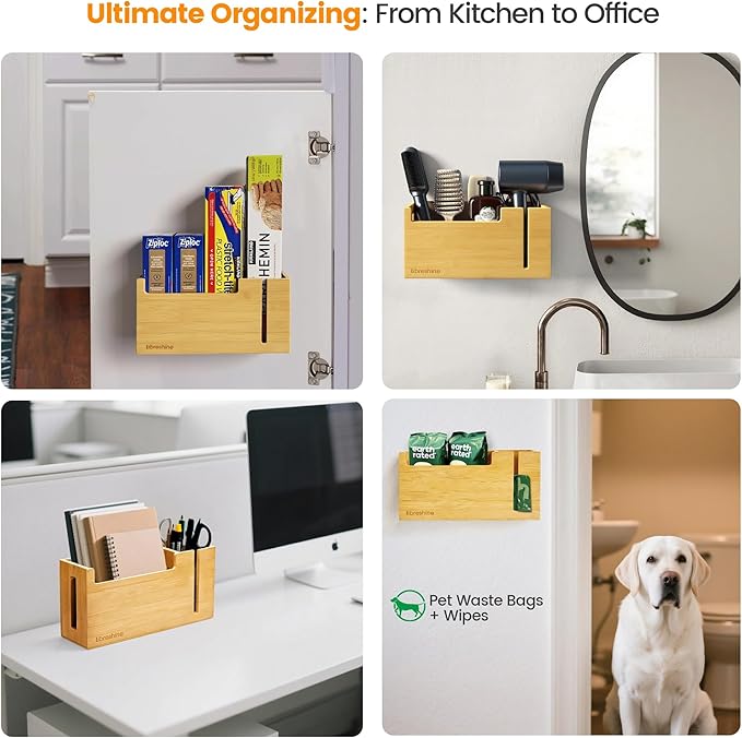 Libreshine Bamboo Trash Bag Dispenser & Holder 1.2–4 Gallon, No-Drill Adhesive Wall Mount & Cabinet Door, Fits Up to 3.3” Diameter Rolls, Mini Garbage Bag Organizer for Kitchen Under Sink