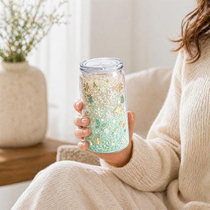 YOUKE OLA 20 Pack Acrylic Snowglobe Tumbler Pre-Drilled Double Wall Plastic Clear Cup for Glitter Snow Globe with Clear Lid & Straws Including DIY Kit 16oz