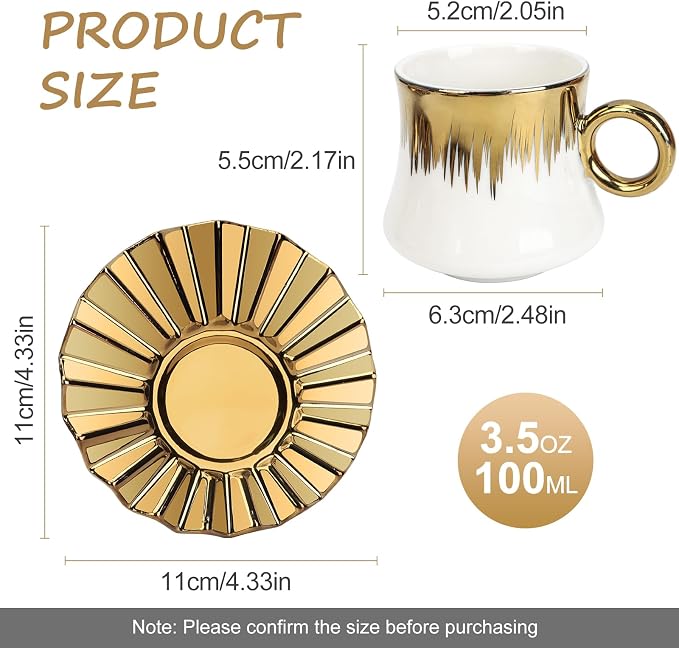 Coffee Cup Set of 6 with Saucers, 3.5 OZ Ceramic Espresso Cups, Demitasse Turkish Coffee Cup Gift for Double Shot, Latte, Cafe Mocha, Dishwasher & Microwave Safe, Deco Golden