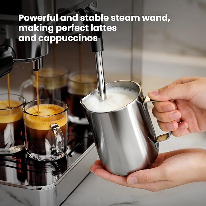 Kismile Espresso Machine with LED Screen & Milk Frother, Stainless Steel Coffee Maker with Thermo Block Heating & Pre-Brew System, Customizable Shot Memory, Ideal Gift for Baristas
