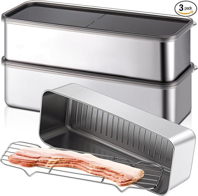 Hushee 3 Set 304 Stainless Steel Containers for Fridge with Removable Drain Tray 60 oz Rectangular Airtight Food Container with Lids for Fruit Bacon Deli Meat Storage(10.43 x 3.94 x 2.76 Inch)