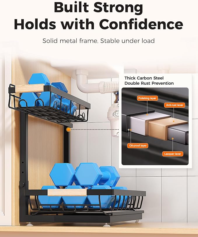 Sevenblue 2 Packs Under Sink Organizer, Height Adjustable 2 Tier Under Kitchen Sink Organizer, Multi-Purpose Storage Shelf for Kitchen Bathroom Cabinet (Black, Large)