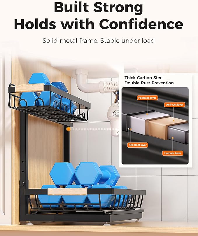 Sevenblue 2 Packs Under Sink Organizer, Height Adjustable 2 Tier Under Kitchen Sink Organizer, Multi-Purpose Storage Shelf for Kitchen Bathroom Cabinet (Black, Extra Large)