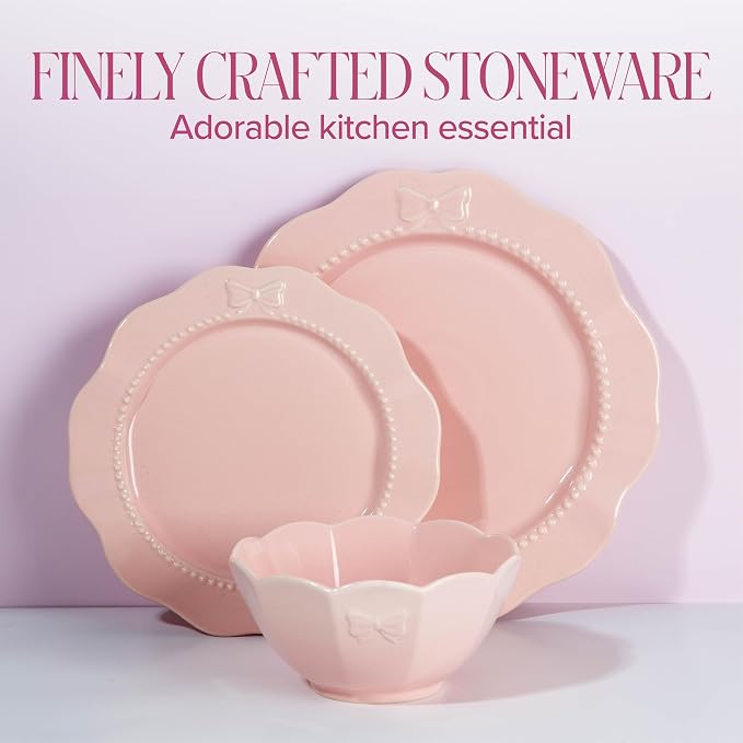 Paris Hilton 12-Piece Dinnerware Set, Embossed Bow Design, Iconic Ceramic Stoneware Service for 4 with Dinner Plates, Salad Plates, and Bowls, Microwave & Dishwasher Safe, Pink
