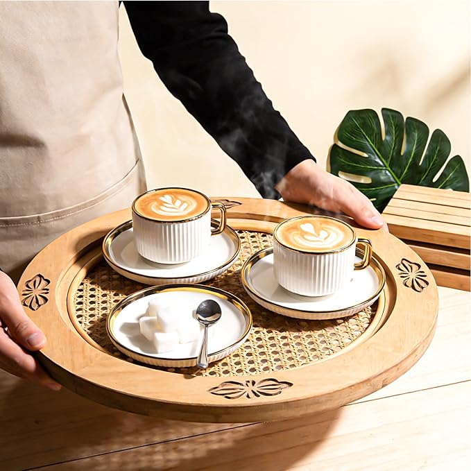 ALIMOTA 3oz White Gold Ceramic Coffee Mug Set of 6, Latte Mugs with Saucers, White Latte Cups and Espresso Mug for Specialty Coffee Drinks, Latte, Cafe Mocha, Tea