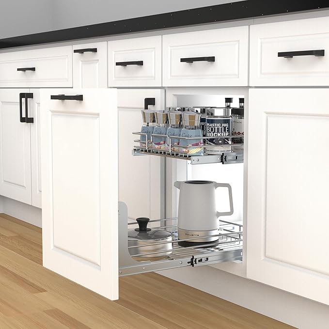 2 Tier Pull Out Cabinet Organizer, 20" W x 21" D Heavy-Duty Metal Sliding Drawer Shelf for Kitchen Cabinets, Chrome, Doesn't Include Door Fittings