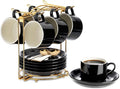 YOLIFE Espresso Cups with Saucers Set and Gold Metal Stand, 4oz Coffee Espresso Cups Set of 6, Ceramic Expresso Shots Cup with Stand & Saucers, Black