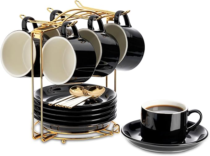 YOLIFE Espresso Cups with Saucers Set and Gold Metal Stand, 4oz Coffee Espresso Cups Set of 6, Ceramic Expresso Shots Cup with Stand & Saucers, Black