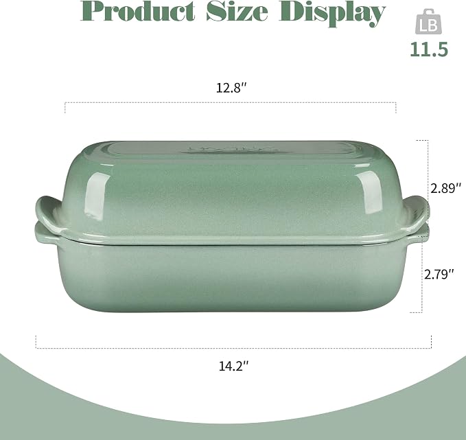 EDGING CASTING Enameled Cast Iron Loaf Pan with Lid, Bread pan, Dutch Oven Bread pan for Homemade Sourdough Bread Baking, 12.5x5.5 inch, 5qt, Sage Green