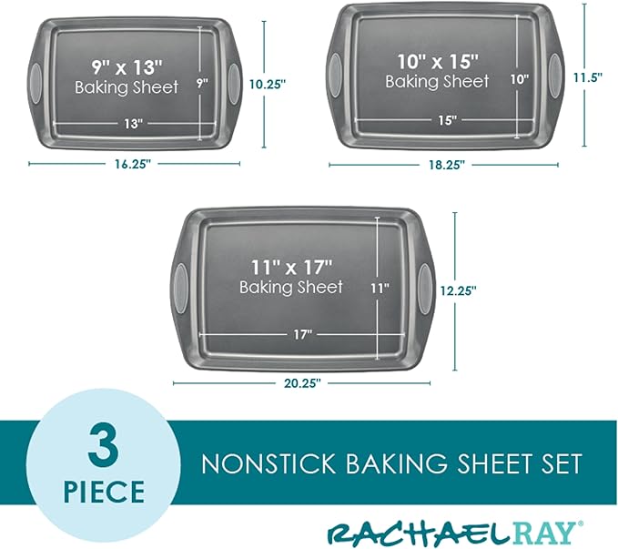 Rachael Ray Bakeware Nonstick Cookie Pan Set, Gray with Sea Salt Gray Silicone Grips, 3-Piece