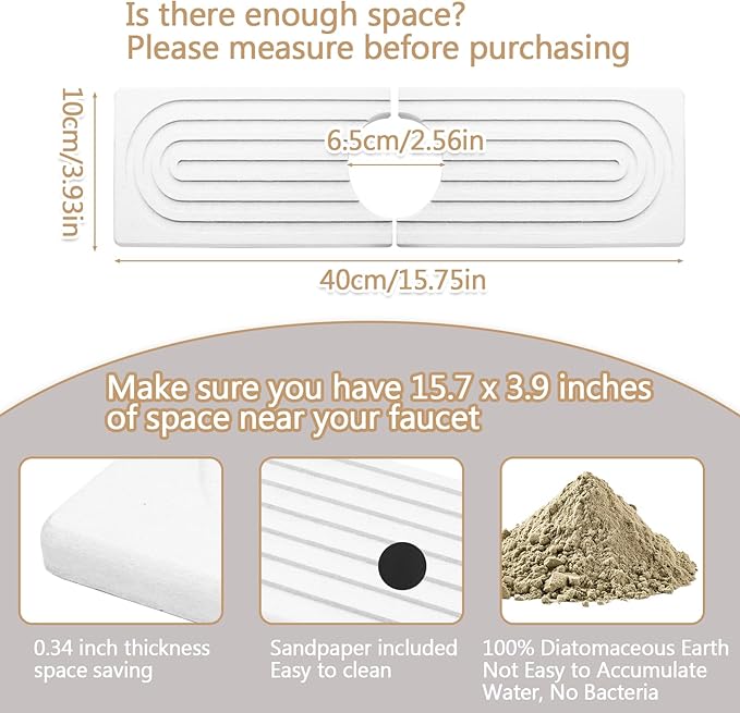 Jiozermi 15.8 Inch Diatomite Faucet Mat for Kitchen Sink, Diatomite Stone Sink Tray Faucet Sink Splash Guard Sink Faucet Absorbent Mat for Kitchen Bathroom Fucet Sink(15.8" x 3.9",White)