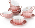 Royal Tea Cups and Saucers, with Gold Trim and Gift Box, British Coffee Cups, Porcelain Tea Set, Set of 6 (8 oz)- Pink