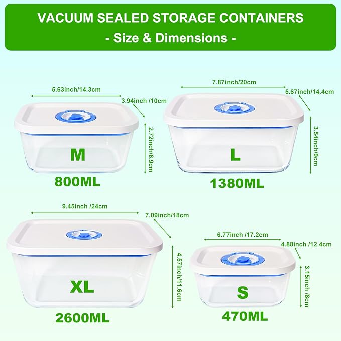 Elmond Borosilicate Glass Vacuum Containers (4-Size Set S M L XL)– Universal Compatible with Nozzles 2.4-3.8cm/0.95-1.5 in – For Handheld & Desktop Sealers