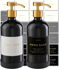Hand and Dish Soap Dispenser for Kitchen and Bathroom, Set of 2 16 Oz Glass Bottles, Stainless Steel Pumps, Non-Slip Silicone Base, 27 Waterproof Labels (Gloss Black Bottle/Brushed Gold Pump)