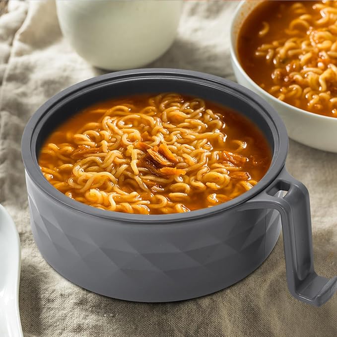 2 Sets Microwave Ramen Bowl 40 oz Wheat Fiber Portable Instant Noodle Cooker Bowl with Handles Strainer Spoon Chopstick Fork College Dorm Room Apartment Essentials(Gray,Black)
