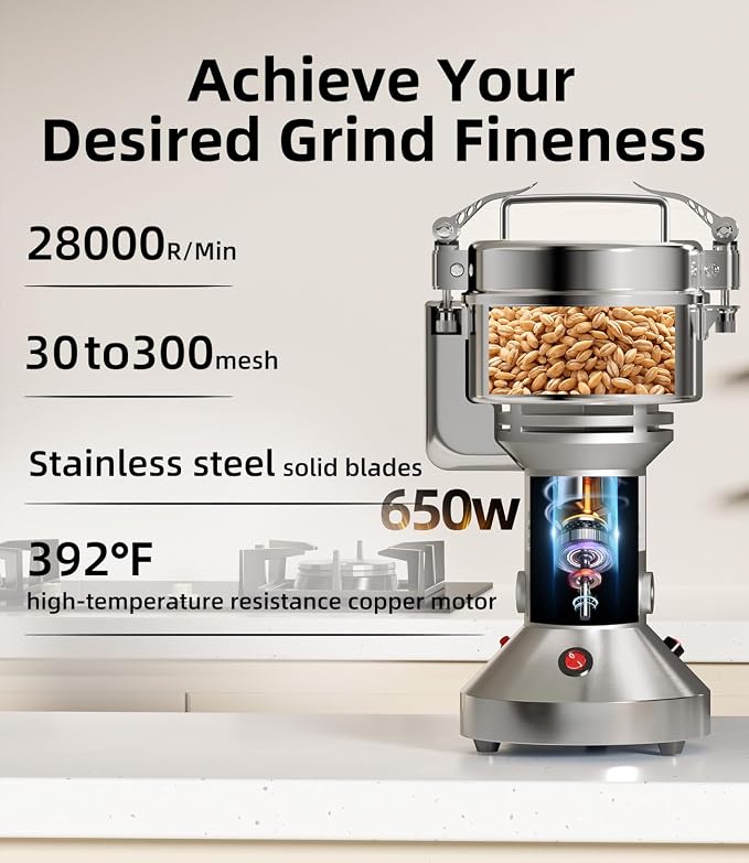 Electric Grain Mill 150g, Flour Grinder Mill Stainless Steel for Home, Counter Grain Grinder for Wheat, Rice, Wheat Berry, Corn, Herbs, Spices, Oats