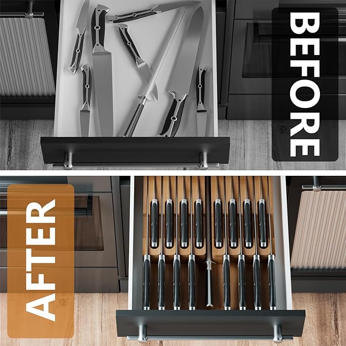 Domax Bamboo In-drawer Knife Block - Knife Drawer Organizer Insert Large Handle Steak Knife Holder, Kitchen Drawer Knife Organizer Fits for 16 knives and 1 Sharpening Steel (Not Included), Walnut